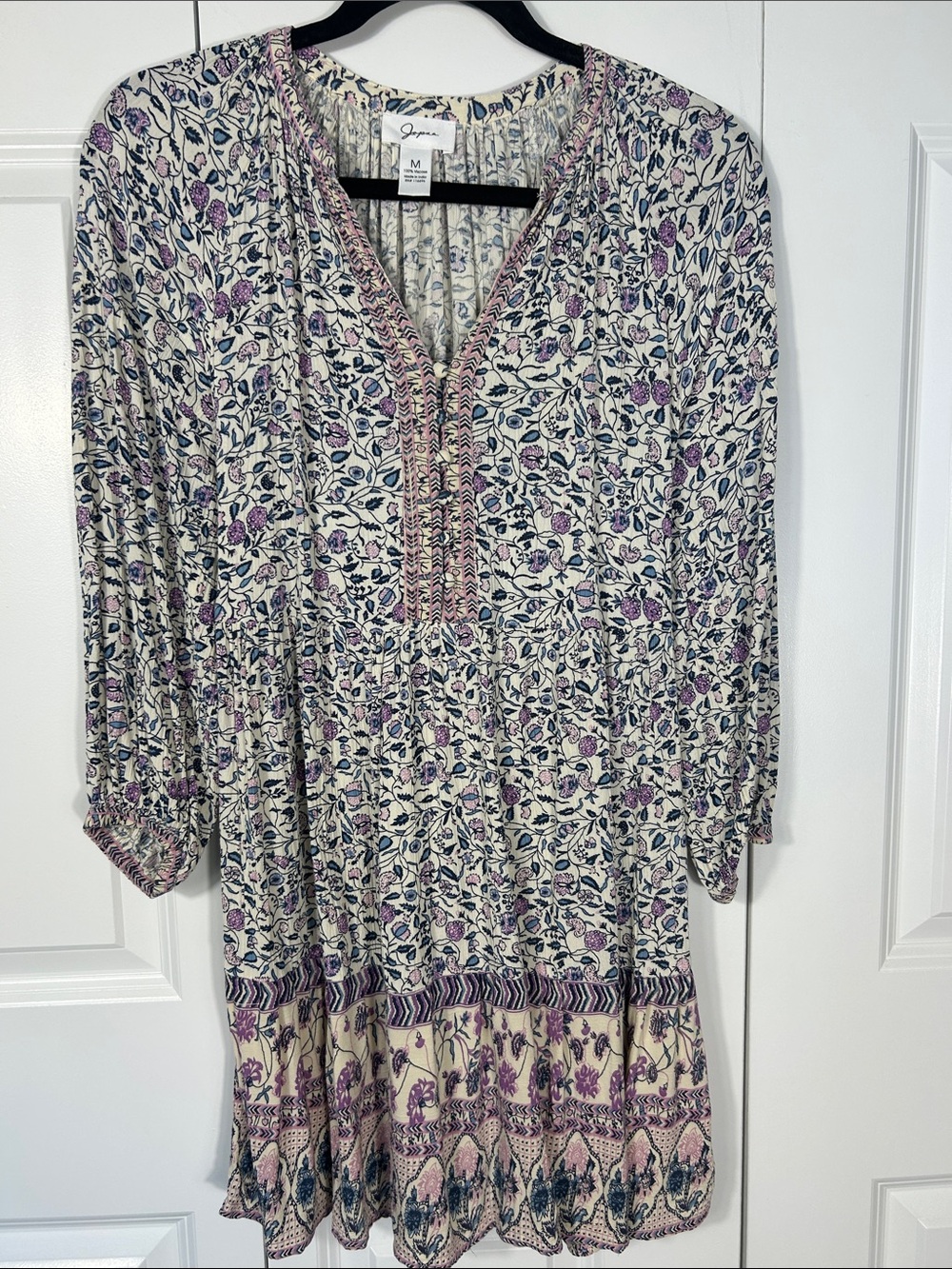 Japna Cream Midi Dress with Purple and Navy Floral Print Size Medium